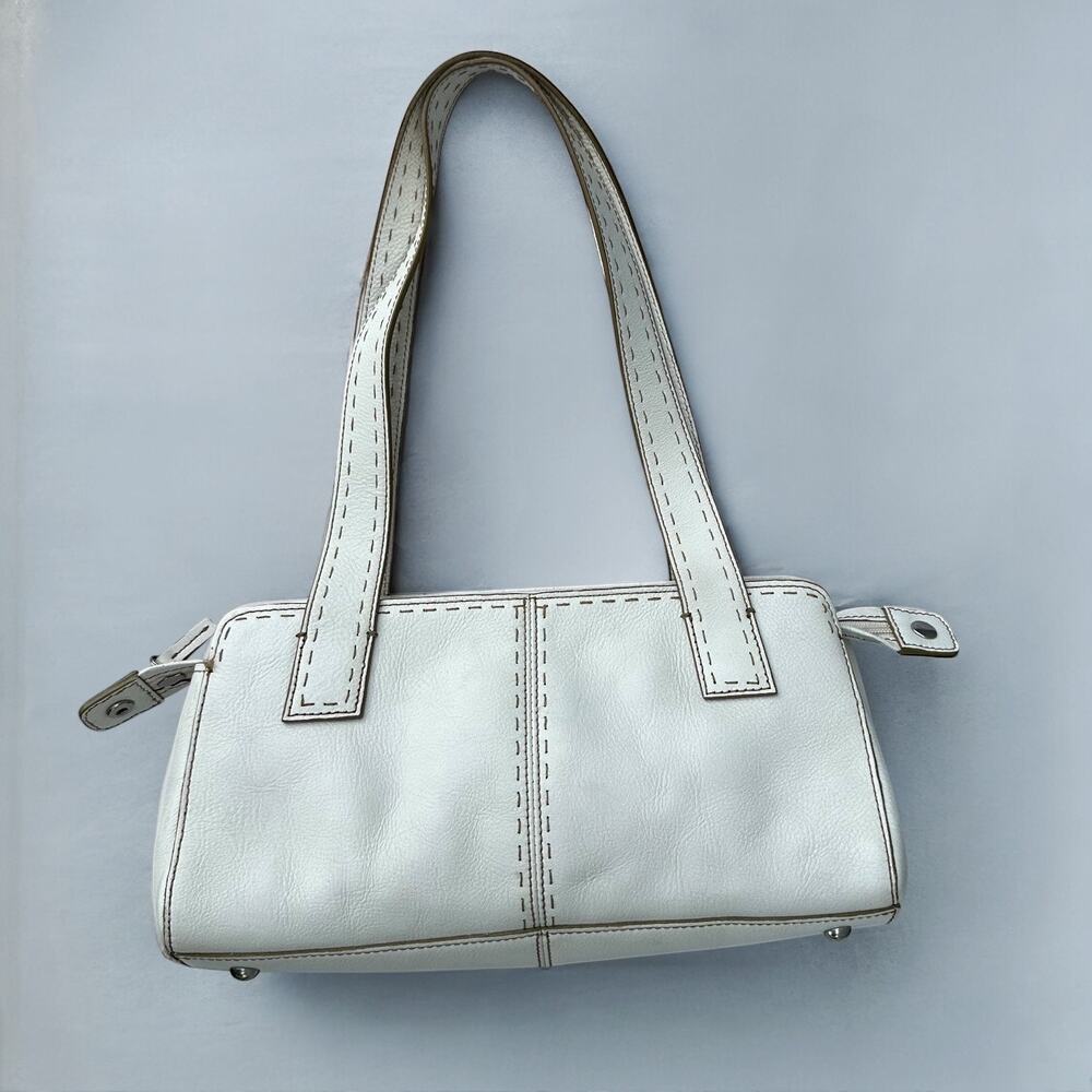 Fossil Shoulder Bag White Contrast Stitching Pebbled Leather Classic Y2K Style